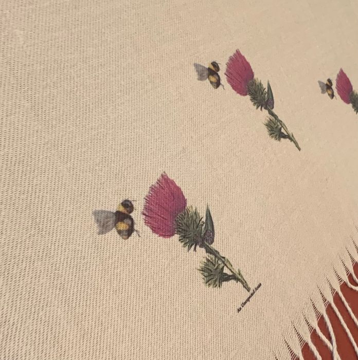 Thistle and Bee handprinted on a cream Cashmere Blend Scarf